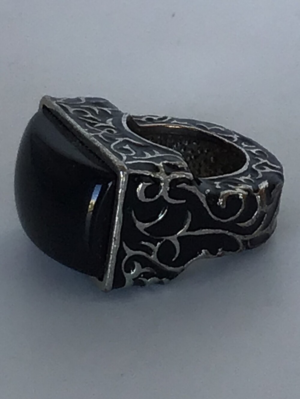 Vintage Black Onyx Style Statement Ring Silver Tone Scrollwork Size 6